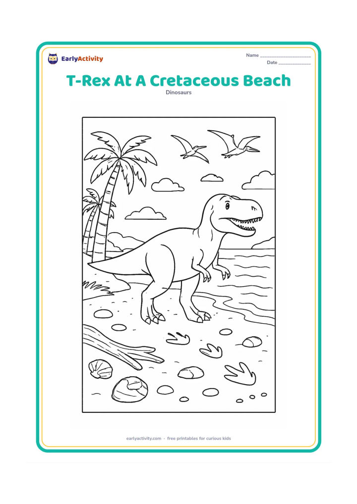 Colouring page: A T-Rex walks along a prehistoric beach beside gentle waves, with driftwood, shells, smooth stones, palms, flying pterosaurs, and a distant coastline. Add footprints trailing through the…