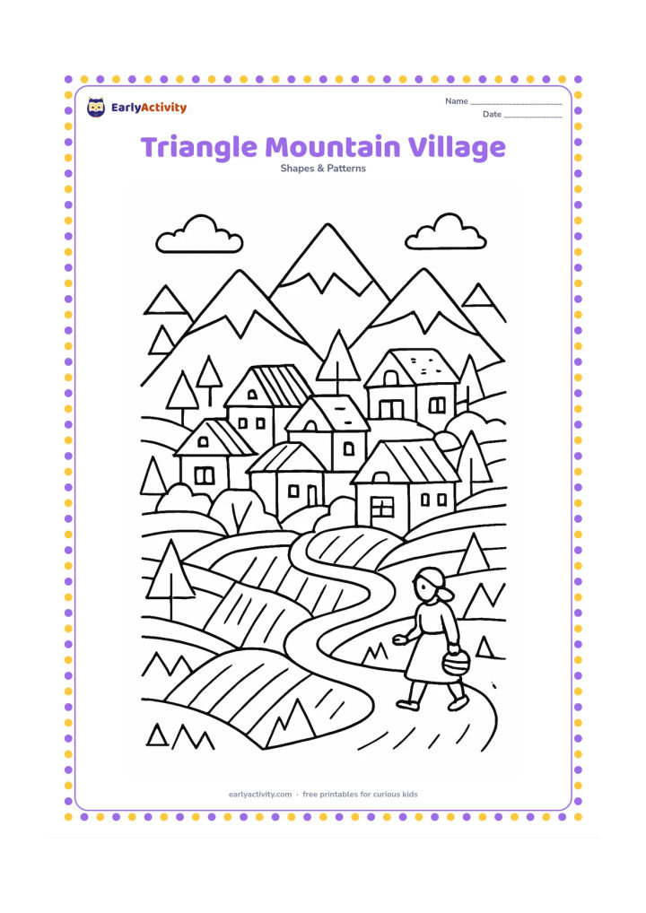 Colouring page: A detailed hillside village has overlapping triangular mountains, houses with different roof shapes, terraced fields, a winding path, and a small person carrying a basket. Include…