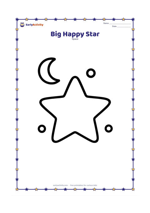 Colouring page: A single large five-pointed star centered on the page, with a small crescent Moon and a few round sparkles around it. Keep the surrounding space open and uncluttered.