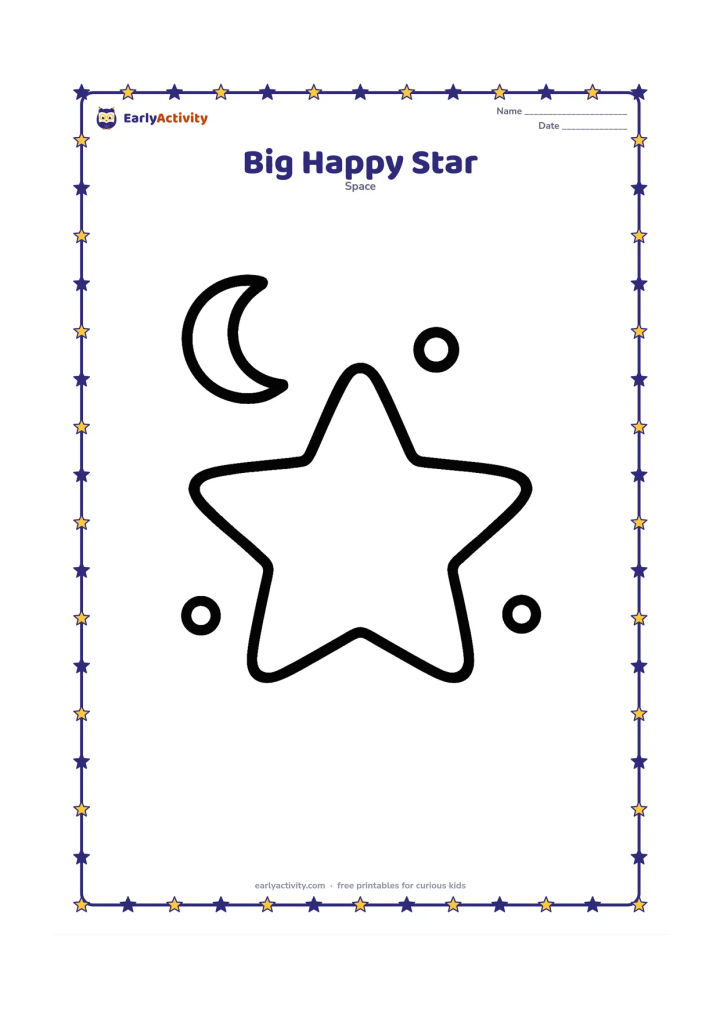 Colouring page: A single large five-pointed star centered on the page, with a small crescent Moon and a few round sparkles around it. Keep the surrounding space open and uncluttered.