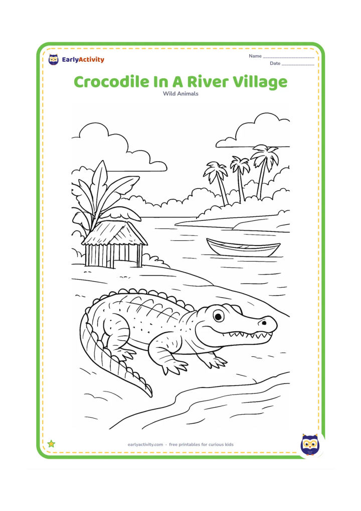 Colouring page: Draw a crocodile in the foreground of an Indian riverside setting with a broad river, earthen bank, banana plants, a thatched shelter, a simple wooden boat, and distant palms. Do not…