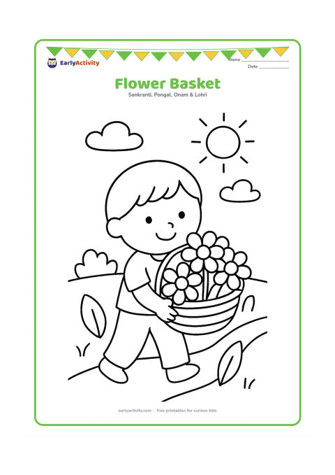 Colouring page: Draw a child carrying a round basket filled with large flowers for an Onam celebration. Include a simple garden path, two broad leaves and a sunny sky with a few clouds.