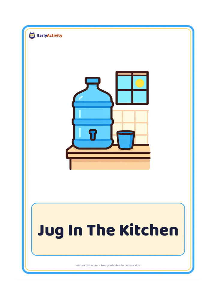 Flashcard: Draw a large water jug on a low kitchen counter, with one cup beside it and a simple tiled wall behind. Show a small window with morning light.