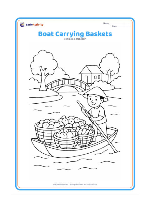 Colouring page: Draw a traditional river boat loaded with large baskets of vegetables, while a boat operator guides it with a long pole. Place it on a calm river beside a village bank with trees and a…