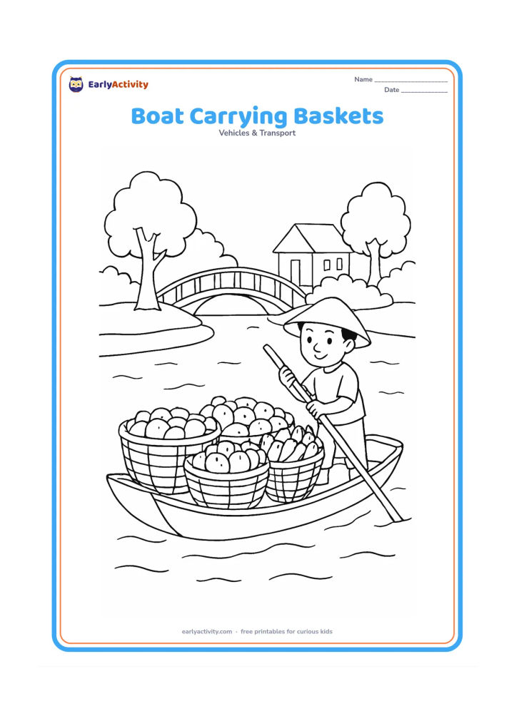 Colouring page: Draw a traditional river boat loaded with large baskets of vegetables, while a boat operator guides it with a long pole. Place it on a calm river beside a village bank with trees and a…