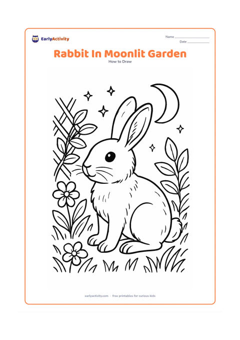 Worksheet: Show a rabbit sitting in a garden at night beneath a crescent moon, with detailed ears, eyes, nose, whiskers, paws and fur tufts. Add flowering plants, a trellis, overlapping leaves and…