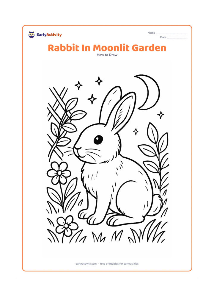 Worksheet: Show a rabbit sitting in a garden at night beneath a crescent moon, with detailed ears, eyes, nose, whiskers, paws and fur tufts. Add flowering plants, a trellis, overlapping leaves and…