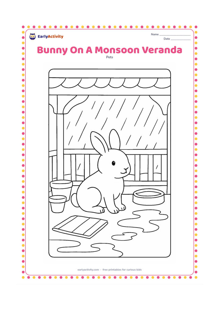 Colouring page: Draw a pet bunny sitting safely on a covered Indian veranda while rain falls beyond the railing. Include clay plant pots, a folded mat, a raised water bowl, and puddles visible outside.