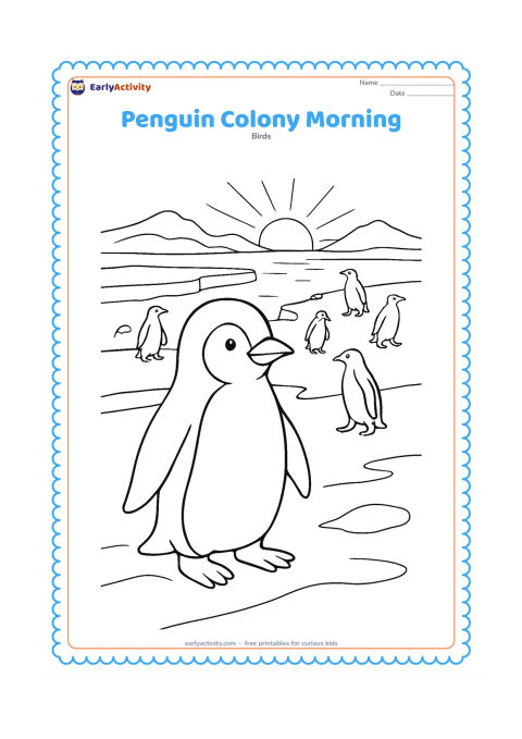 Colouring page: Draw a main penguin in the foreground among a small colony at sunrise, with several penguins in different standing and walking poses. Add layered ice shelves, long shadows, distant…