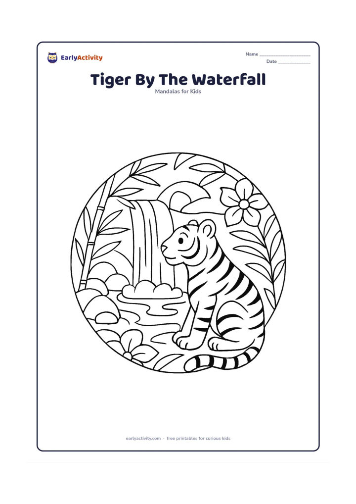 Colouring page: A tiger sits beside a small waterfall in the centre of a circular mandala, looking toward the falling water. Add repeated rocks, bamboo leaves, water curves and a few large jungle…
