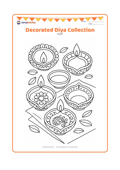 Colouring page: A close-up tabletop arrangement shows five different clay diyas decorated with floral borders, dots, scallops and leaf motifs, alongside flower petals and a small oil bowl. Include a…