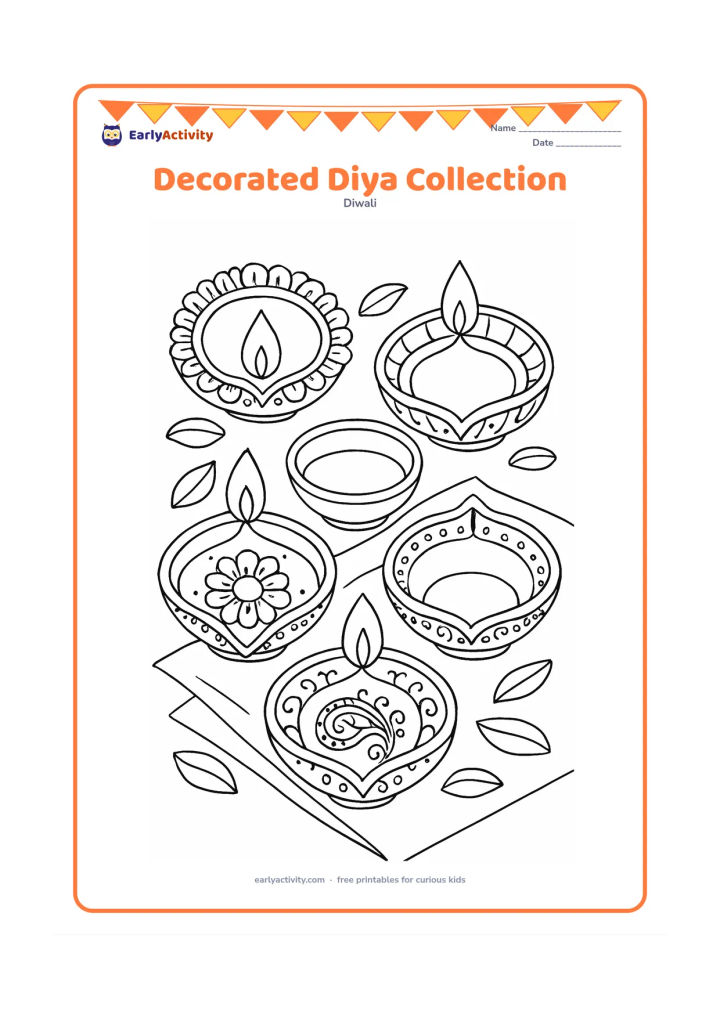 Colouring page: A close-up tabletop arrangement shows five different clay diyas decorated with floral borders, dots, scallops and leaf motifs, alongside flower petals and a small oil bowl. Include a…