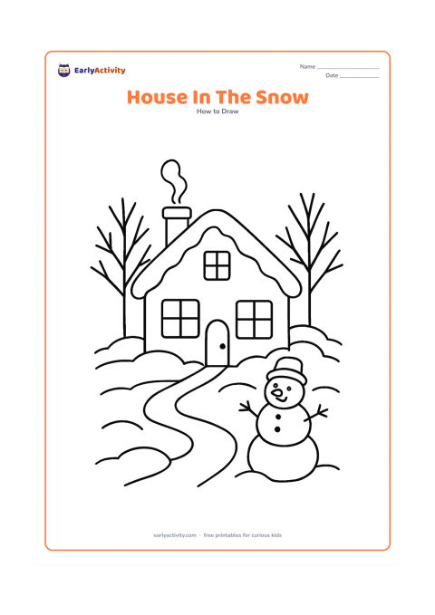 Worksheet: Draw a cosy house with a steep roof covered in snow, a chimney, glowing-looking blank windows, a door and a winding path through snowbanks. Add two bare trees and a snowman beside the path.