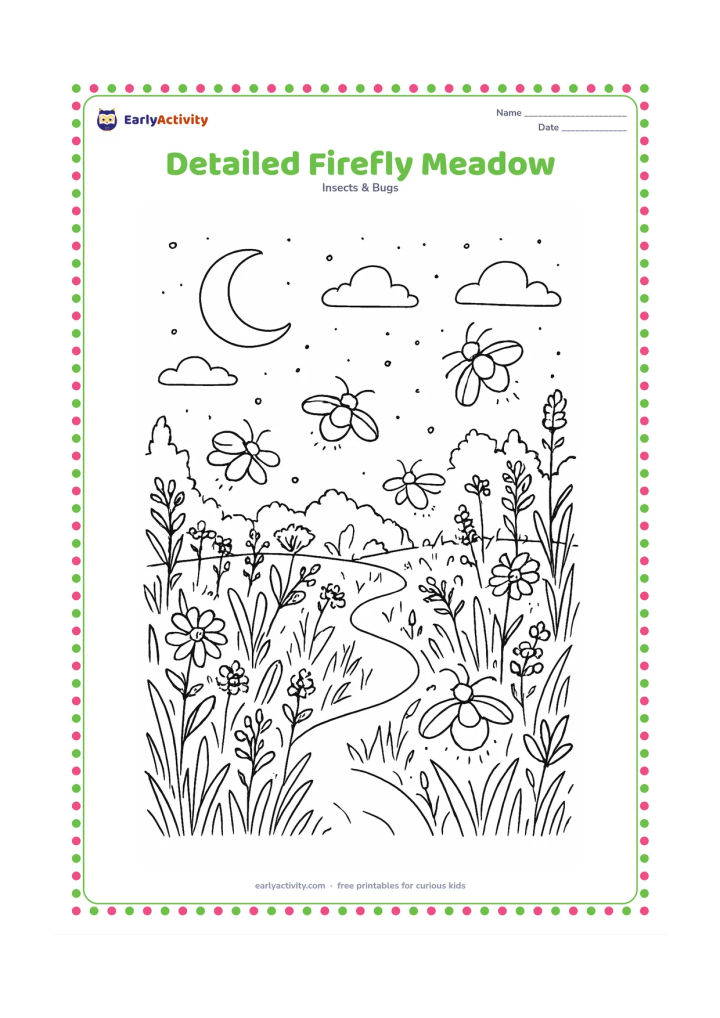 Colouring page: Draw a detailed night meadow with six fireflies at different distances, layered grasses, wildflowers, seed heads, and a winding path through the foreground. Include a crescent moon and…