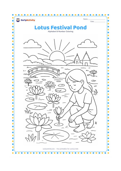 Colouring page: Draw a peaceful Indian pond at sunrise with many lotus flowers, lily pads, a small wooden bridge and a child placing a flower near the water's edge. Add temple-like roof shapes in the…