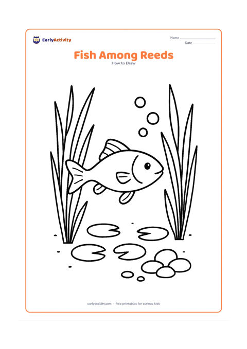 Worksheet: Show one fish swimming left through tall pond reeds, with a curved body line, spread fins, bubbles, three lily pads, and a small group of rounded stones. Use a clear side view.