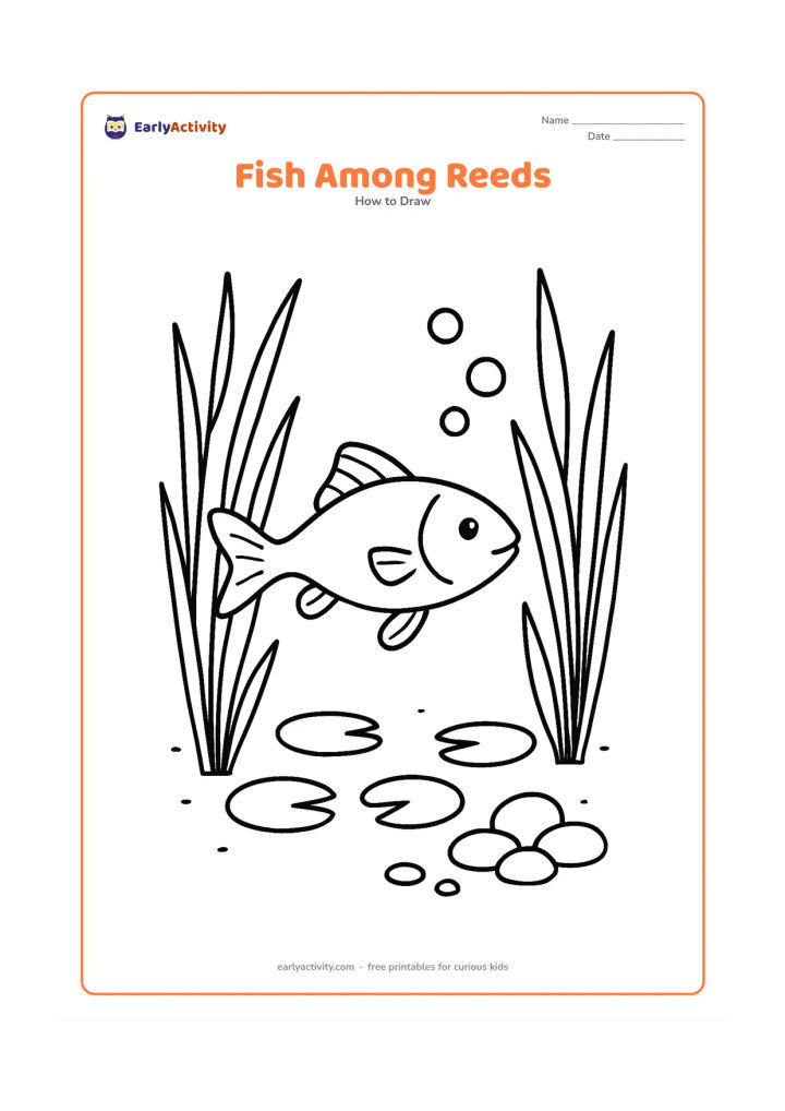 Worksheet: Show one fish swimming left through tall pond reeds, with a curved body line, spread fins, bubbles, three lily pads, and a small group of rounded stones. Use a clear side view.
