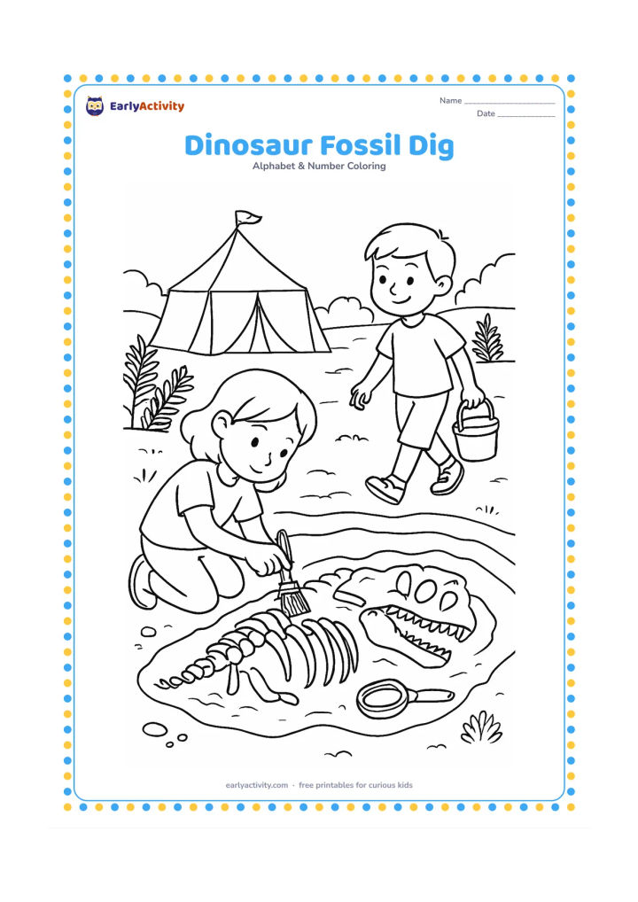 Colouring page: A child carefully brushes a dinosaur fossil in an open excavation pit while another child carries a small bucket. Include brushes, a magnifying glass, rock layers, ferns and a museum…