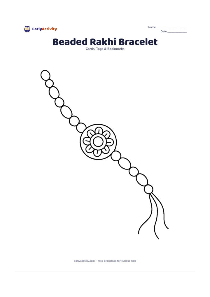 Worksheet: Draw a rakhi bracelet winding across the card in a gentle curve, made from repeating round and oval beads with a decorated centre medallion. Add two loose thread ends and leave a large…