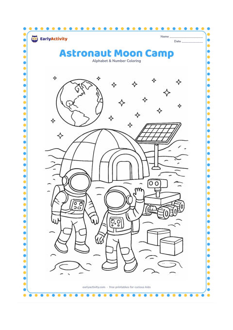 Colouring page: Draw two astronauts exploring a moon camp with a domed shelter, solar panels, a rover, equipment crates, and a cratered landscape. Add Earth and stars in the sky, with no symbols or…