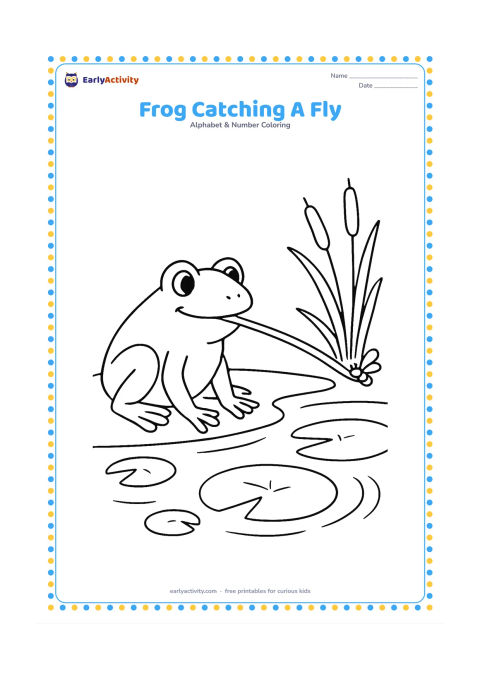 Colouring page: Draw a frog crouching beside a pond with its long tongue reaching toward a tiny flying insect. Add lily pads, reeds and a few ripples in the water.