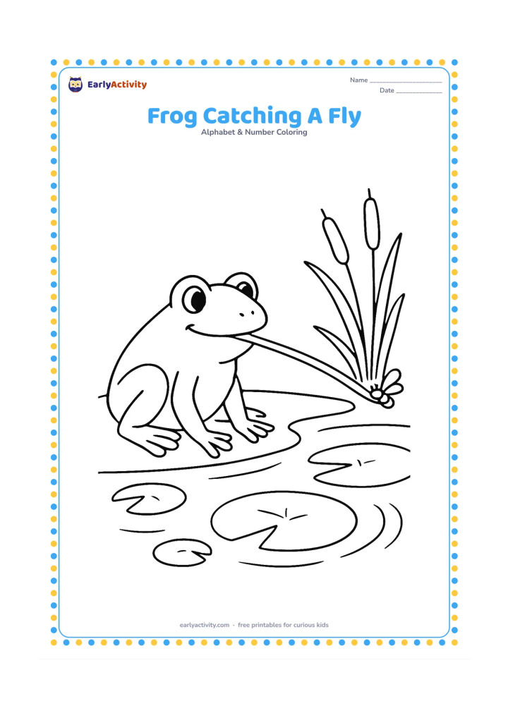 Colouring page: Draw a frog crouching beside a pond with its long tongue reaching toward a tiny flying insect. Add lily pads, reeds and a few ripples in the water.
