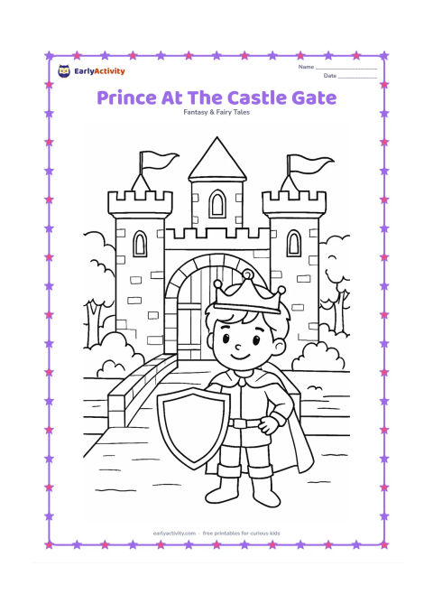 Colouring page: A smiling prince stands in front of a grand castle entrance, holding a shield with a plain blank center. Add two banners with no symbols, stone blocks, a moat bridge, and leafy trees.