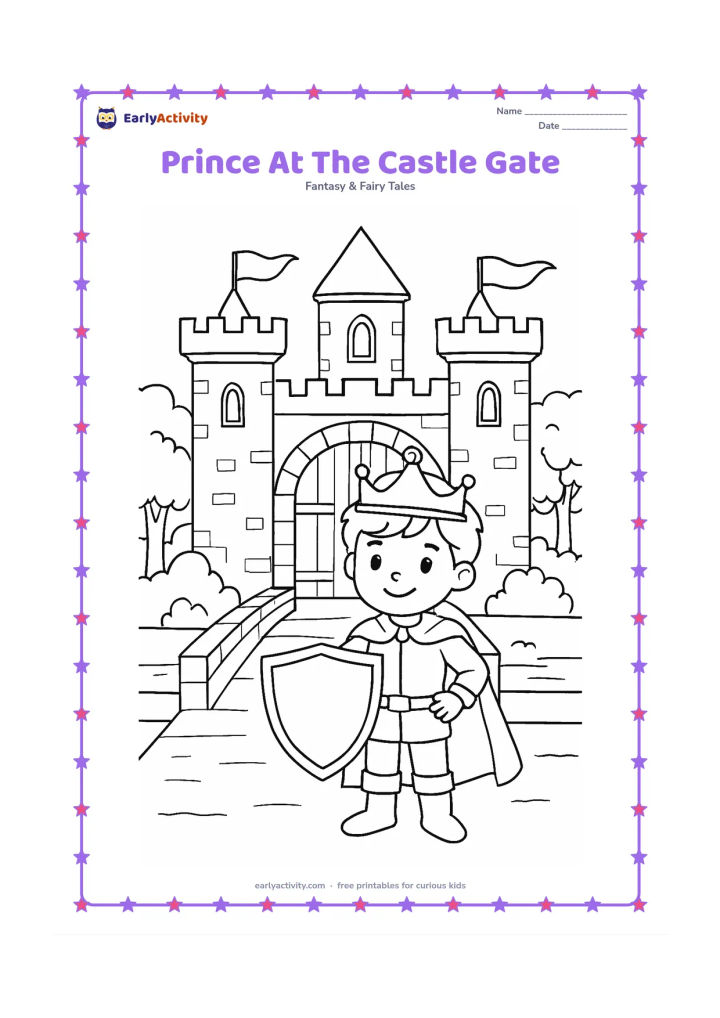 Colouring page: A smiling prince stands in front of a grand castle entrance, holding a shield with a plain blank center. Add two banners with no symbols, stone blocks, a moat bridge, and leafy trees.