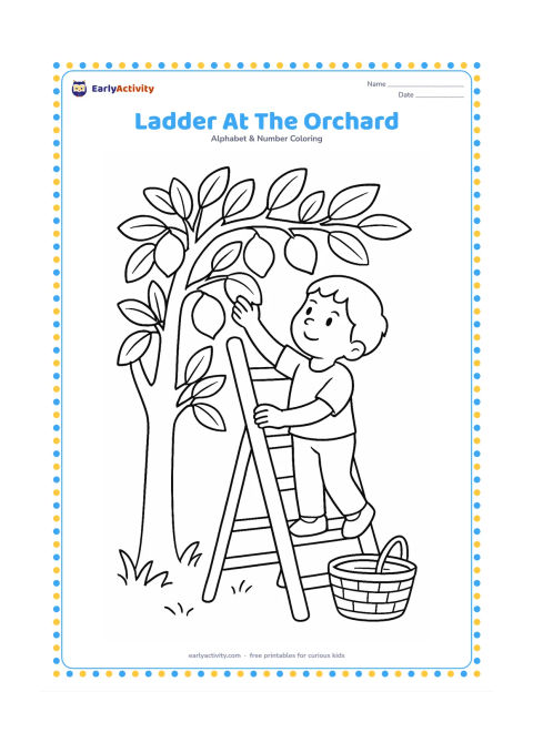 Colouring page: Draw a wooden ladder standing against a fruit tree while a child reaches toward a low branch of lemons. Include a basket on the ground and several large leaves.