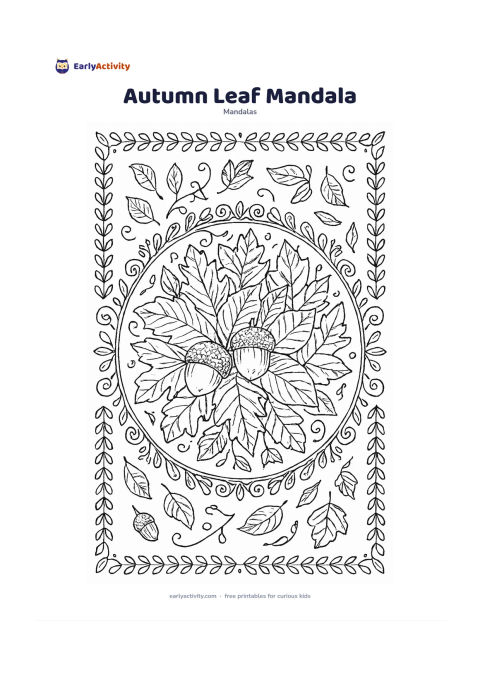 Colouring page: Arrange a large cluster of different leaves in the centre of a circular mandala, with acorns, curling stems, falling leaves, and repeating woodland borders around them. Show leaves…