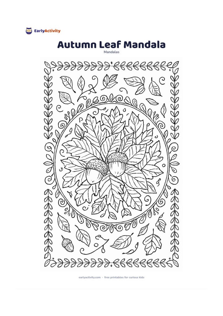Colouring page: Arrange a large cluster of different leaves in the centre of a circular mandala, with acorns, curling stems, falling leaves, and repeating woodland borders around them. Show leaves…