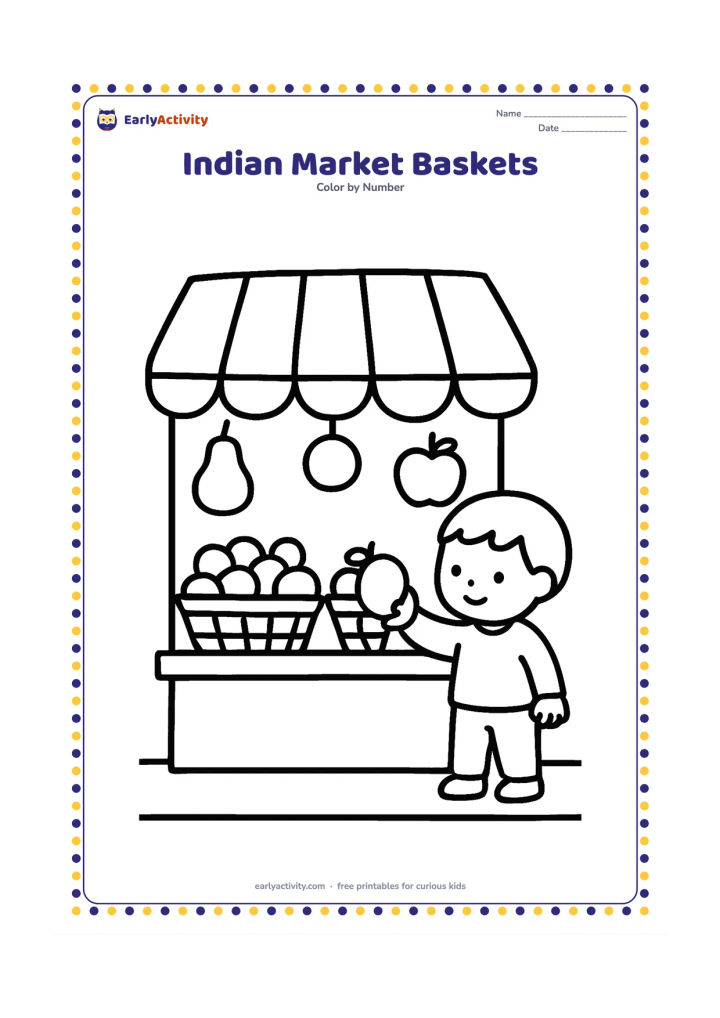 Colouring page: Draw a friendly shopfront with an awning, two baskets of fruit, and a child choosing a mango. Add a few large hanging decorations and a simple street edge.
