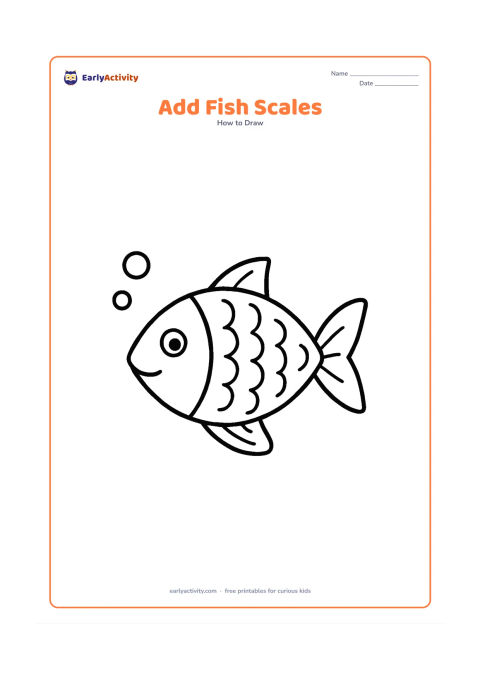 Worksheet: Show a finished side-view fish outline with eye, gill line, tail, and fins already present, leaving the body mostly open for children to add rows of overlapping curved scales. Include a…