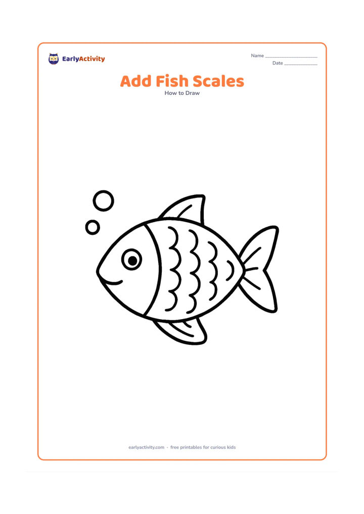 Worksheet: Show a finished side-view fish outline with eye, gill line, tail, and fins already present, leaving the body mostly open for children to add rows of overlapping curved scales. Include a…