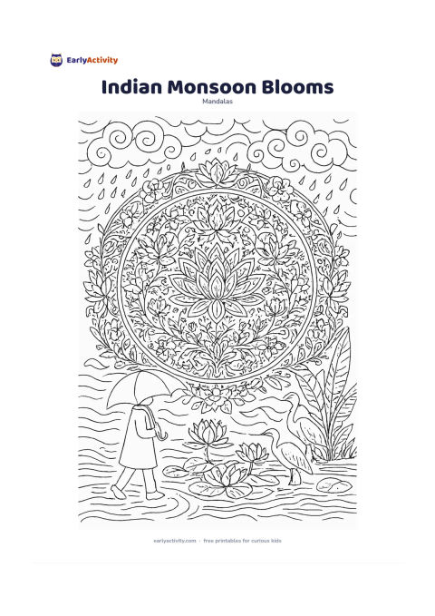 Colouring page: Arrange lotus, water lilies, jasmine and leafy vines into a circular monsoon mandala, with curled rain clouds and water ripples around the outside. Add a person carrying a plain umbrella…