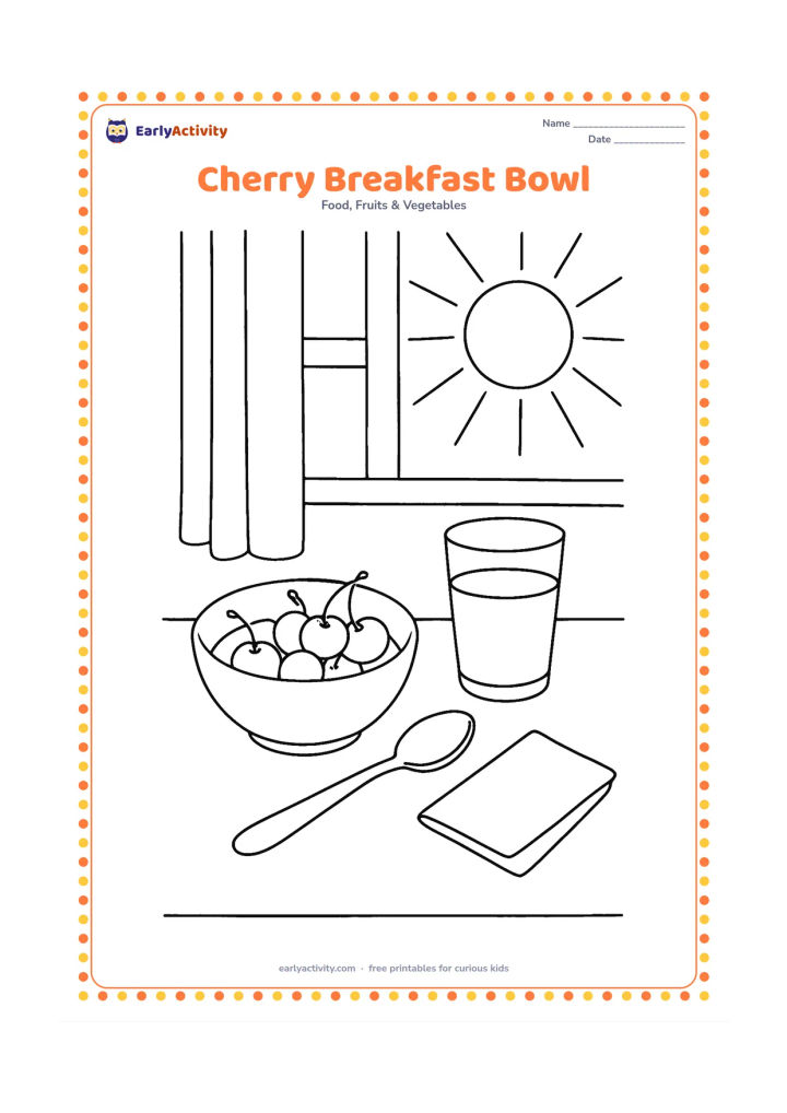 Colouring page: Draw a breakfast table with a bowl of cherries, a spoon, a glass of water and a small folded napkin, with morning light through a window.