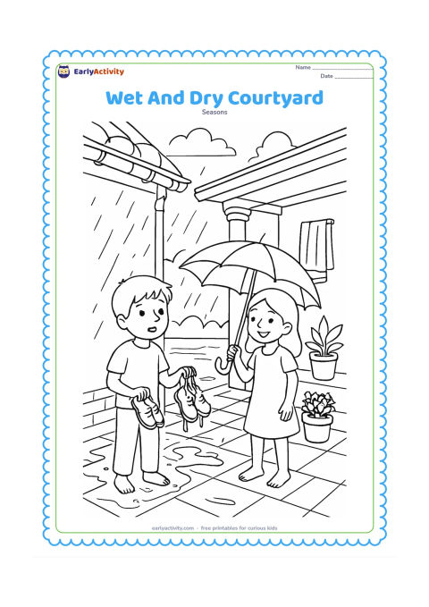 Colouring page: An Indian household courtyard is divided naturally between a rain-soaked open area and a dry covered veranda, where children compare wet shoes, a dripping umbrella, potted plants, and a…