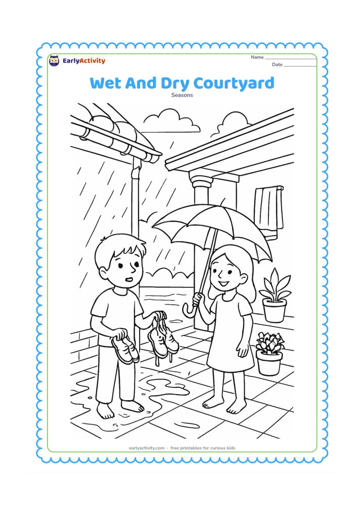 Colouring page: An Indian household courtyard is divided naturally between a rain-soaked open area and a dry covered veranda, where children compare wet shoes, a dripping umbrella, potted plants, and a…