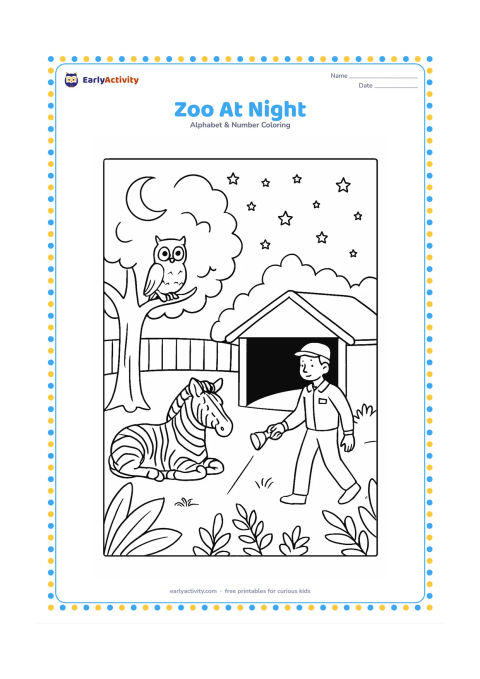 Colouring page: Draw a quiet zoo at night with a zebra resting near a shelter, an owl in a tree and a keeper making a gentle evening check. Include moonlight, stars, fence shadows and leafy plants, with…