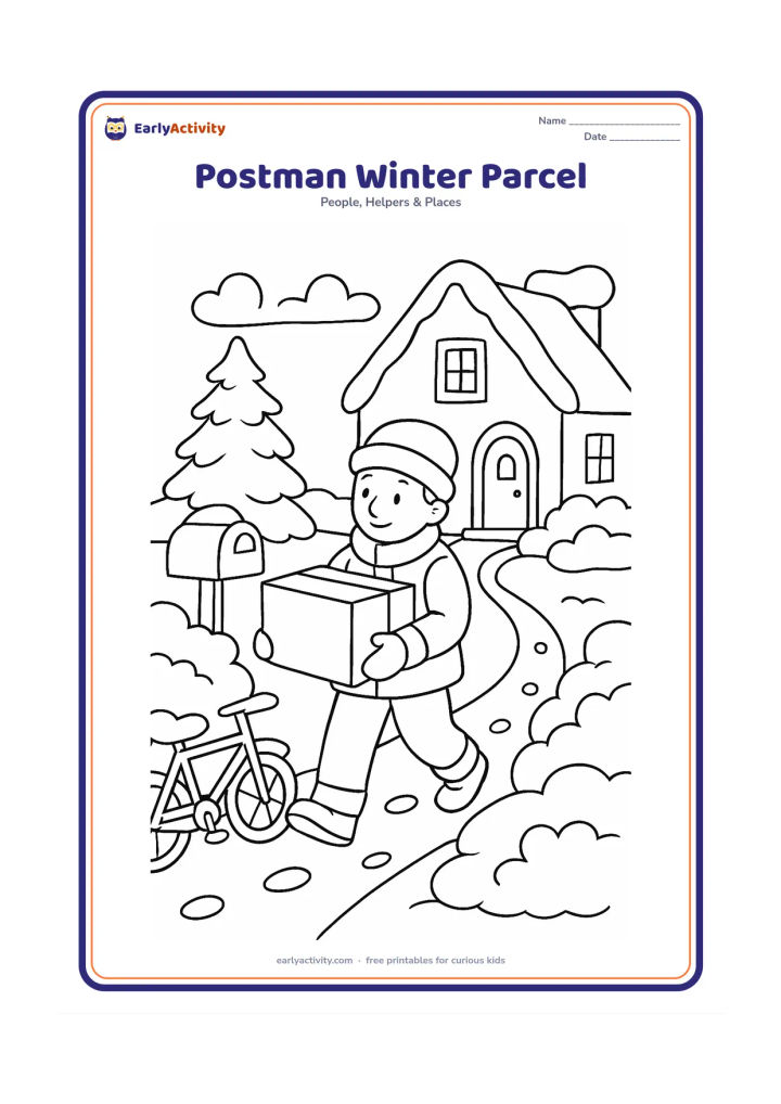 Colouring page: A bundled-up postman carries a parcel along a snowy path toward a family home. Include snow-covered bushes, a mailbox, footprints and a bicycle.