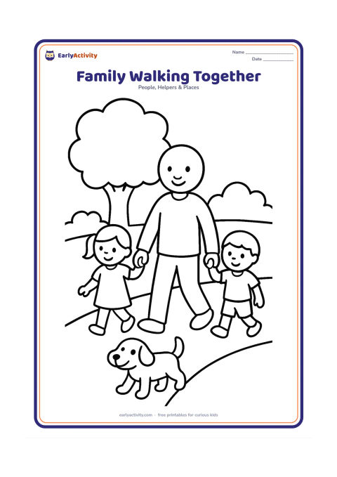 Colouring page: Show an adult holding hands with two children as they walk along a path. Add a large tree, rounded bushes and a friendly pet dog.