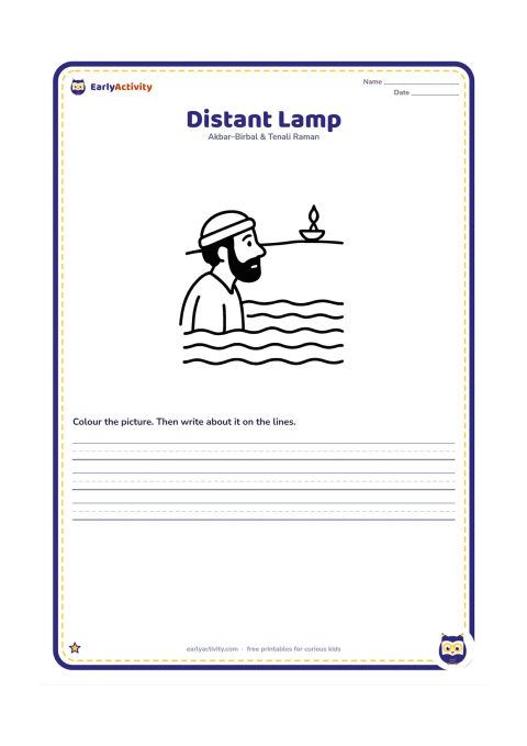 Printable: Show a close view of the poor man in the lake looking toward a single small lamp on a far shore. Use a clear open space between the man and the lamp to show the distance.