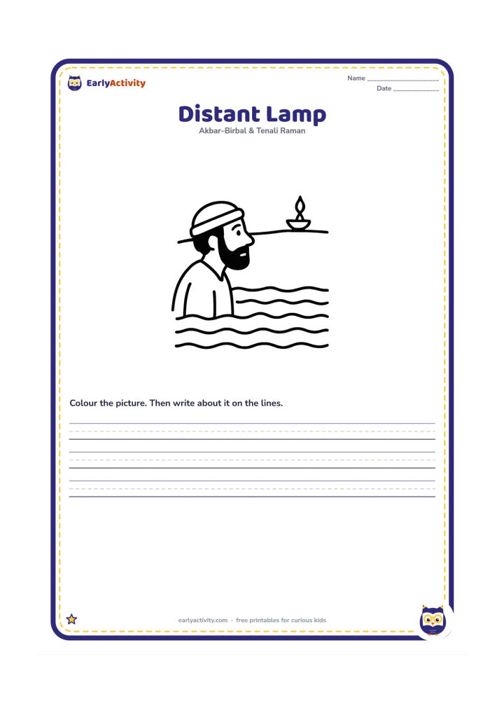 Printable: Show a close view of the poor man in the lake looking toward a single small lamp on a far shore. Use a clear open space between the man and the lamp to show the distance.