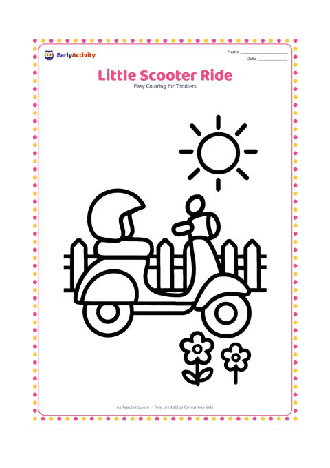 Colouring page: Draw a scooter parked beside a low garden fence, with a helmet resting on its seat. Include a large sun and two simple flowers in the background.