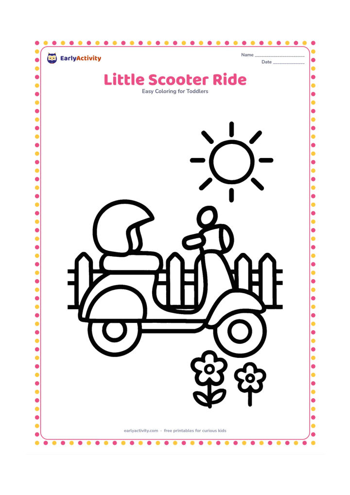 Colouring page: Draw a scooter parked beside a low garden fence, with a helmet resting on its seat. Include a large sun and two simple flowers in the background.