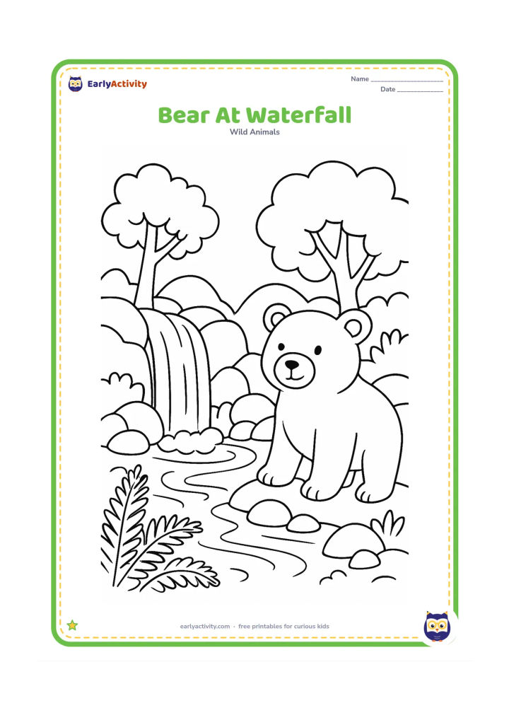 Colouring page: A bear stands beside a small waterfall flowing into a pool, surrounded by rocks, ferns, moss, and two trees.