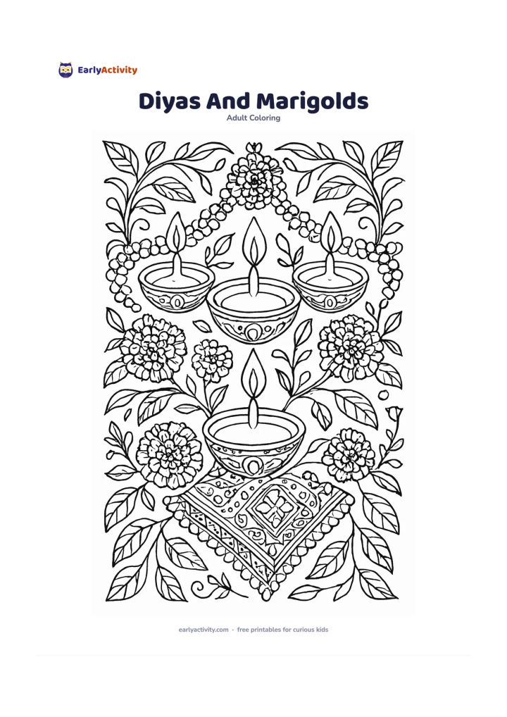 Colouring page: Draw a decorative arrangement of unlit oil lamps surrounded by marigold blossoms, flower garlands, mango leaves, curved vines and a patterned cloth. Use symmetrical clusters without any…
