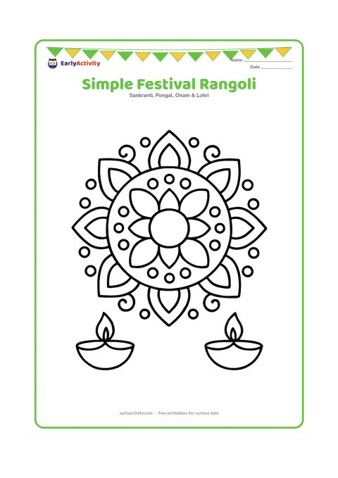 Colouring page: A large symmetrical rangoli made from circles, petals, dots, and curved lines on the ground, with two small diyas placed outside it.