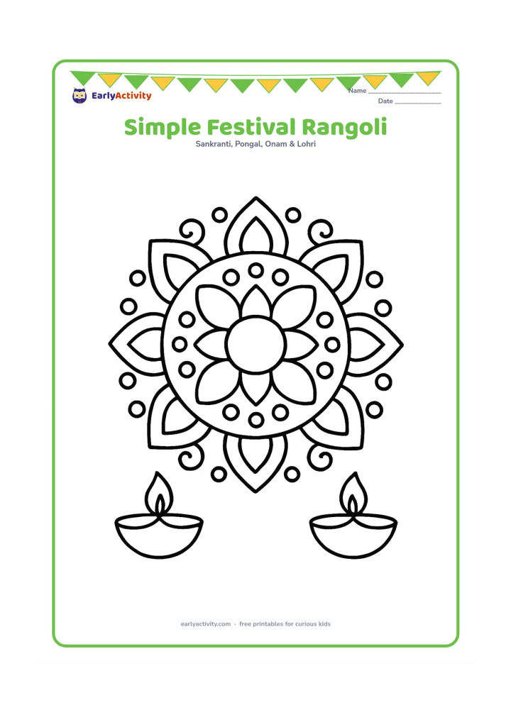Colouring page: A large symmetrical rangoli made from circles, petals, dots, and curved lines on the ground, with two small diyas placed outside it.