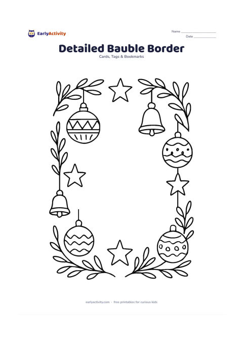 Worksheet: Draw a Christmas card front framed by hanging baubles, stars, bells and leafy branches, leaving a large blank central panel. Give each bauble a different geometric or botanical pattern…